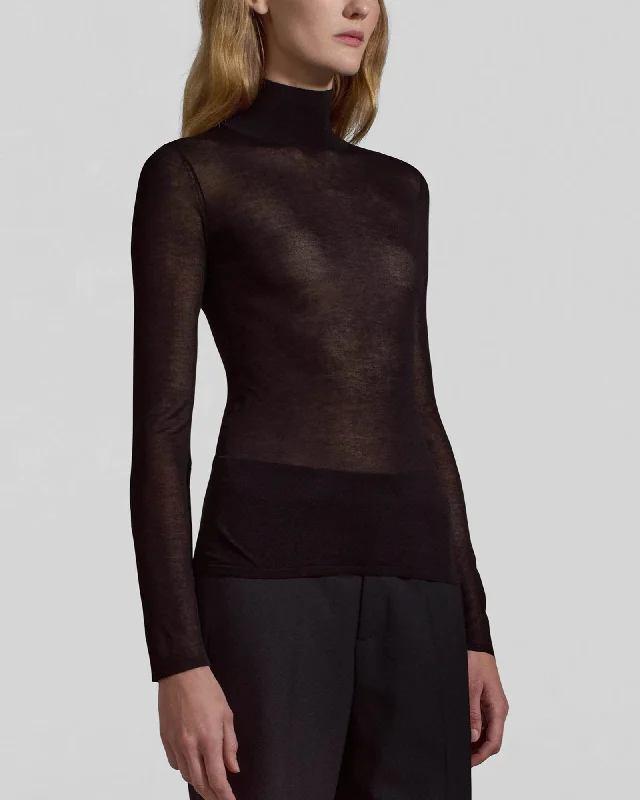 Sheer Turtleneck Sweater Satin Blend Silk Blend Wool Blend