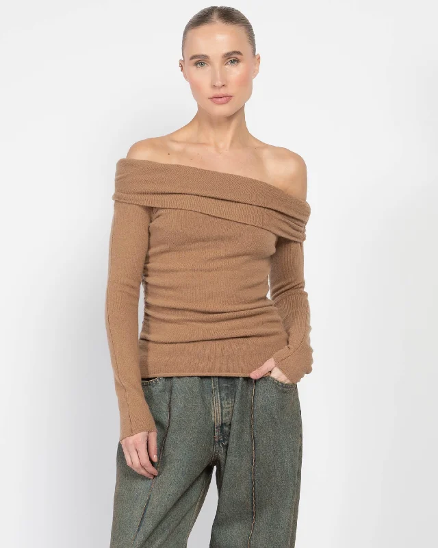 Long Sleeved Off-Shoulder Sweater Mesh Fabric Canvas Fabric Denim Fabric