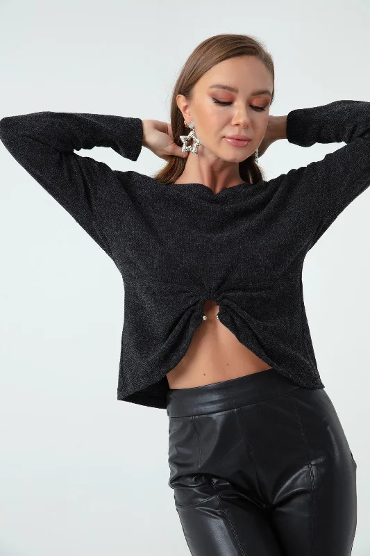 Women'S Accessories Detailed Knitting Sweater Mesh Sweater Canvas Denim