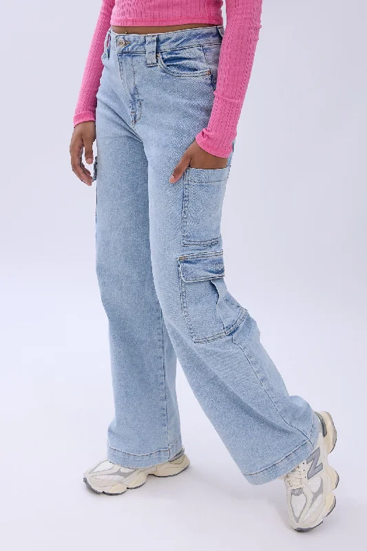 Super High Rise Wide Leg Cargo Jeans Fashionable Frayed Hem Denim