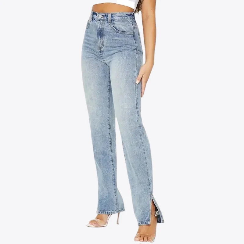 Azure Blossom Organic Cotton Womens Denim Jeans Elegant Wide-Leg Jeans