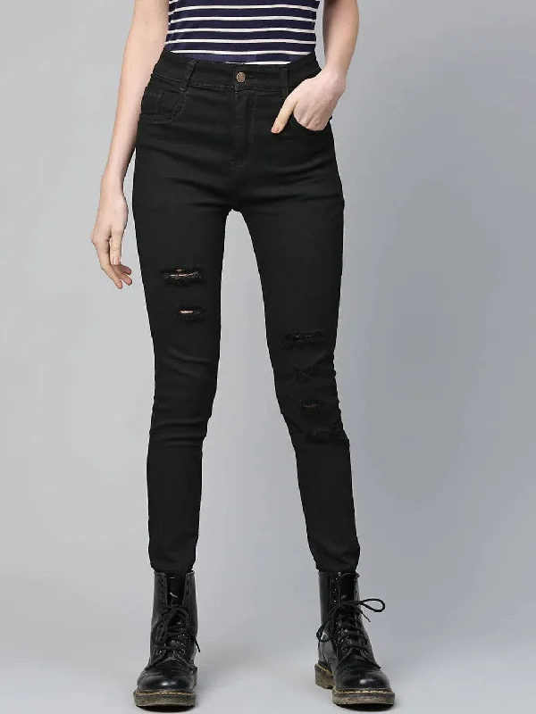 Black Heavy Distressed Multi-Slit Jeans Stylish Cargo Style Jeans