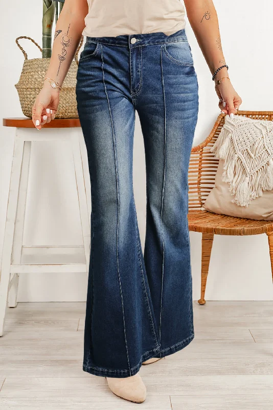 Blue Central Seam Stitching Wide Leg Jeans Cozy Stretch High-Waist Jeans