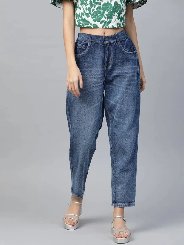 Blue High Waist Basic Jeans Stylish Paperbag Waist Denim