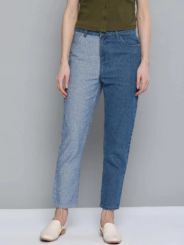 Blue & Navy Color Block Slouchy Jeans Casual Straight-Leg Jeans