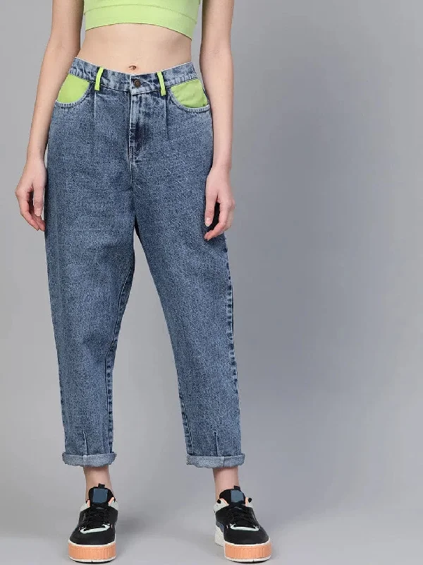 Blue Slouchy Inlay Pocket Jeans Comfortable Full-Length Denim Jeans