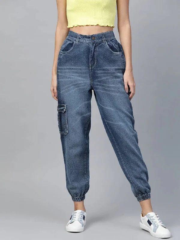 Blue Street Wear Jogger Jeans Chic Double Waistband Jeans