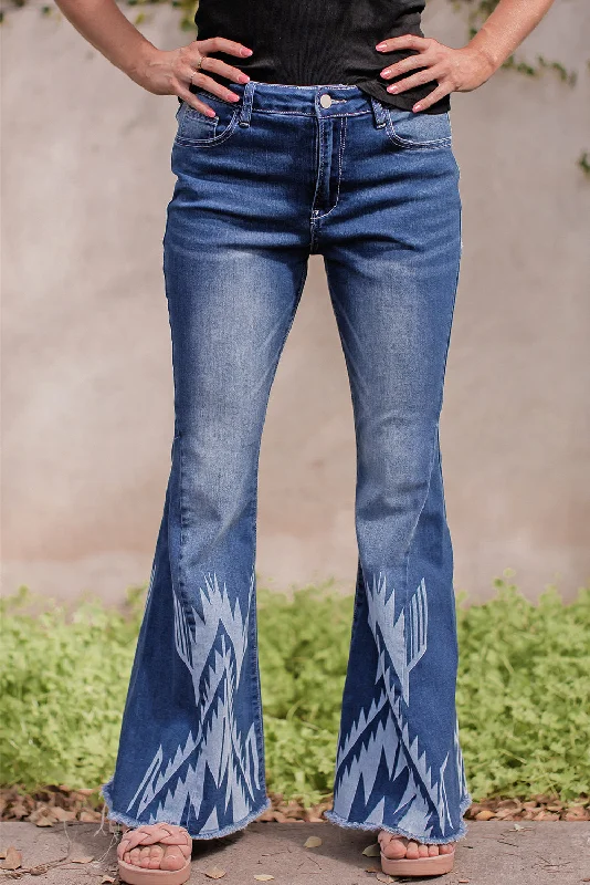 Blue Western Pattern High Rise Flare Jeans Fashionable Vintage Wash Jeans