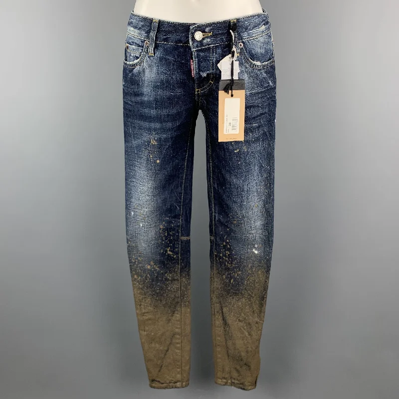 DSQUARED2 Size 2 Blue Cotton Paint Splattered Cuff Zipper Five Pockets Jeans Comfortable Drawstring Waist Jeans DSQUARED2 Size 2 Blue Cotton Paint Splattered Cuff Zipper Five Pockets Jeans Comfortable Drawstring Waist Jeans