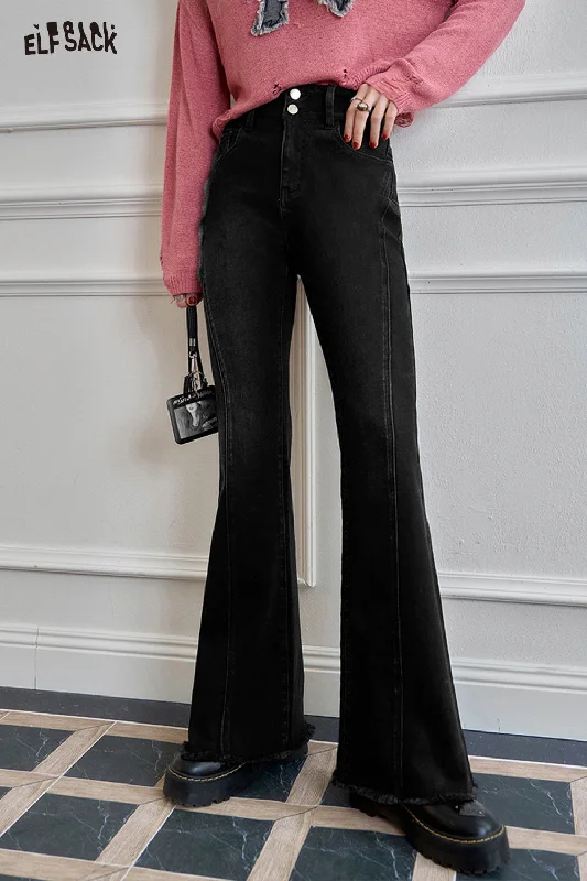 ELFSACK 2024 Autumn New Arrive Black micro flared slim fit jeans for women, versatile and fashionable flared pants Comfortable Mid-Rise Jeans