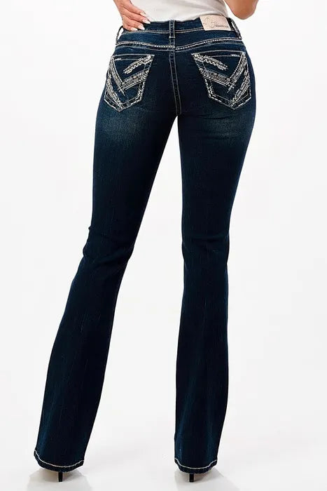 Grace in LA Women's Dark Wash Mid-Rise Sequin Embroidered Bootcut Jeans Elegant High-Waisted Flared Jeans Grace in LA Women's Dark Wash Mid-Rise Sequin Embroidered Bootcut Jeans Elegant High-Waisted Flared Jeans