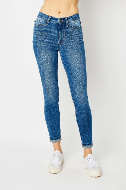 Judy Blue Full Size Cuffed Hem Skinny Jeans Stylish High-Waisted Denim
