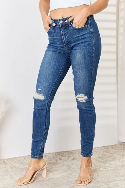 Judy Blue Full Size High Waist Distressed Slim Jeans Stylish High-Waisted Denim