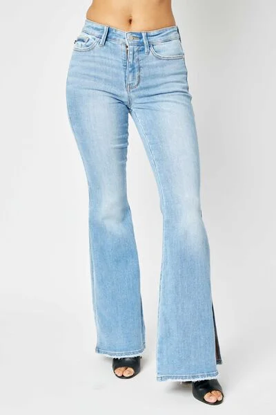 Judy Blue Full Size Mid Rise Raw Hem Slit Flare Jeans Chic Ripped Jeans