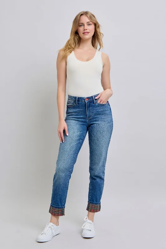 Judy Blue Full Size Plaid Print Cuff Straight Leg Jeans with Pockets Trendy Wide-Leg High-Waist Denim Judy Blue Full Size Plaid Print Cuff Straight Leg Jeans with Pockets Trendy Wide-Leg High-Waist Denim