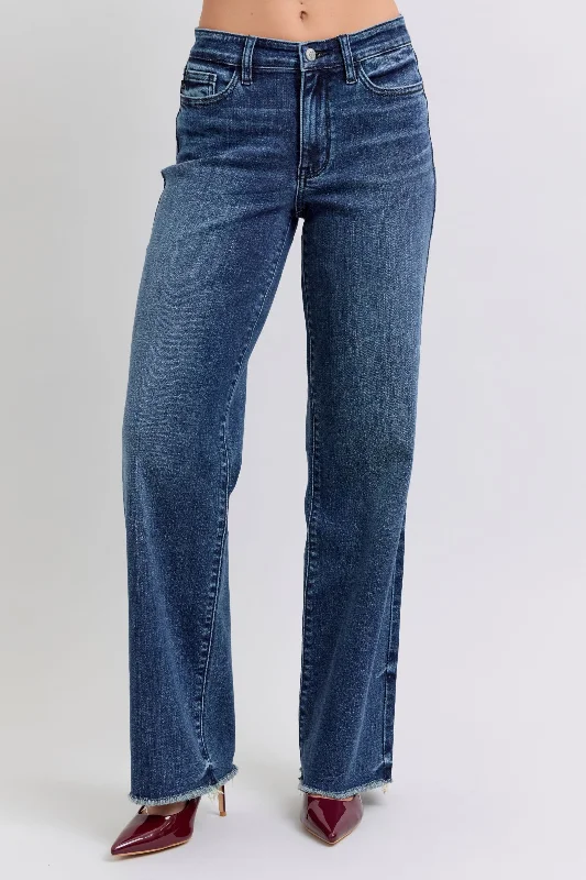 Judy Blue Full Size Raw Hem Mid Rise Jeans Elegant Tapered Leg Denim