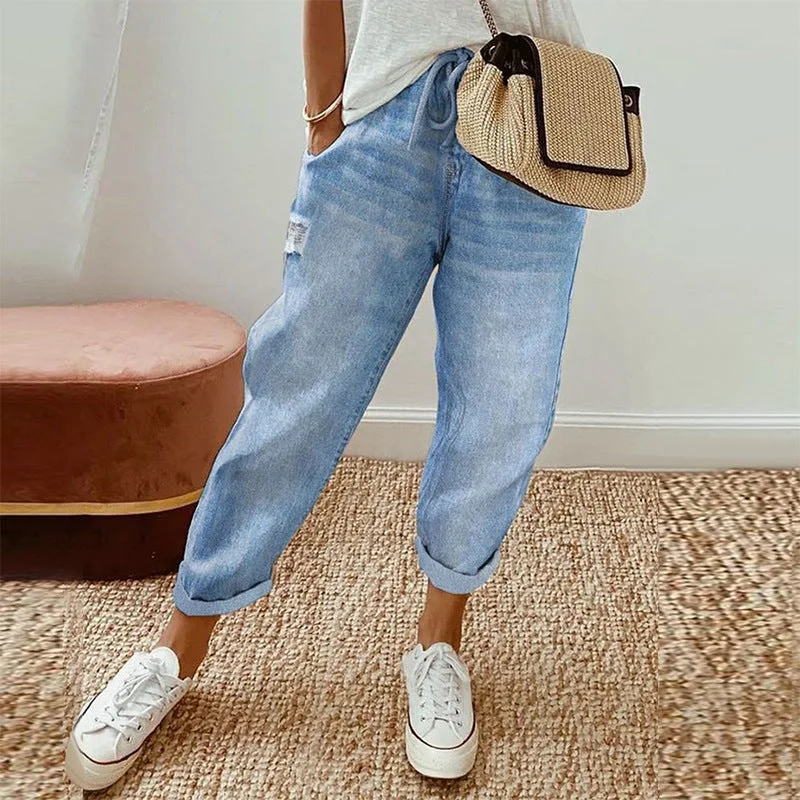 Loose Straight Ripped Jeans Women's Clothing Comfortable Flare Leg Jeans