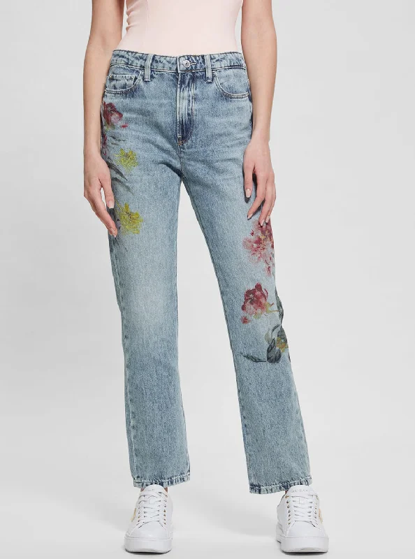 Mid-Rise Girly Straight Leg Denim Jeans in Mid-Wash Chic Ripped Jeans