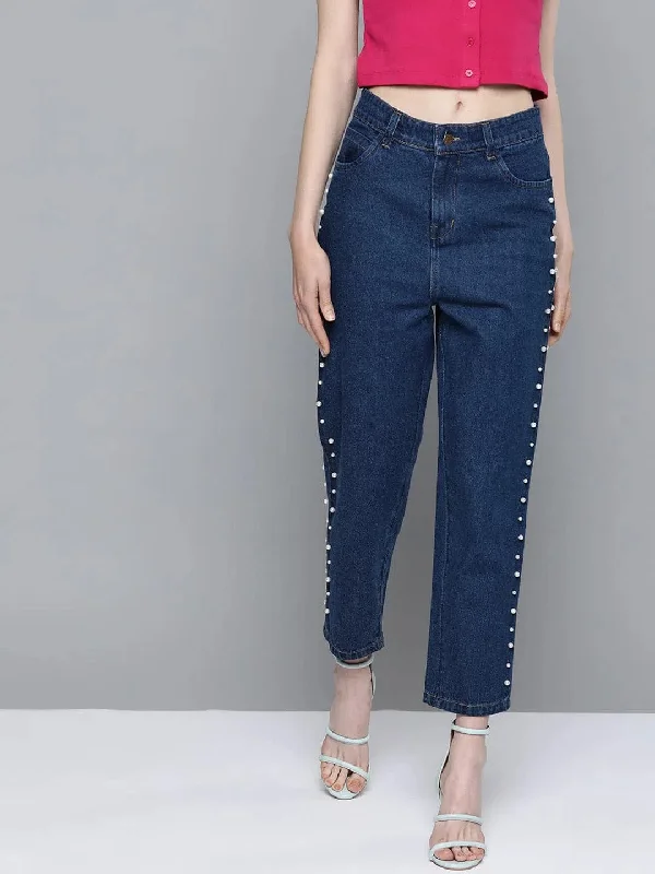 Navy Side Pearl Detail Slouchy Jeans Comfortable Ankle Jeans