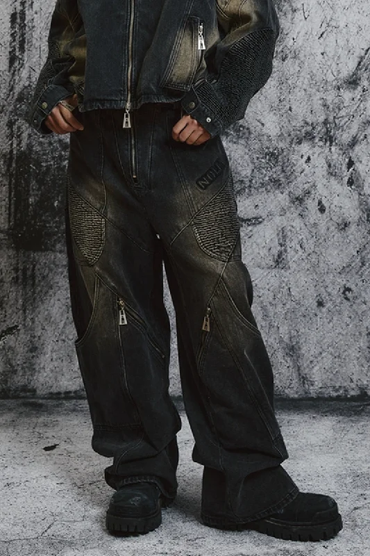 NOLM Washed Wrinkled Jeans Comfortable Full-Length Denim Jeans
