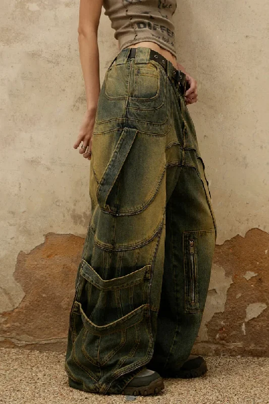 Patchwork Dirty Jeans Stylish Stone-Wash Denim Jeans