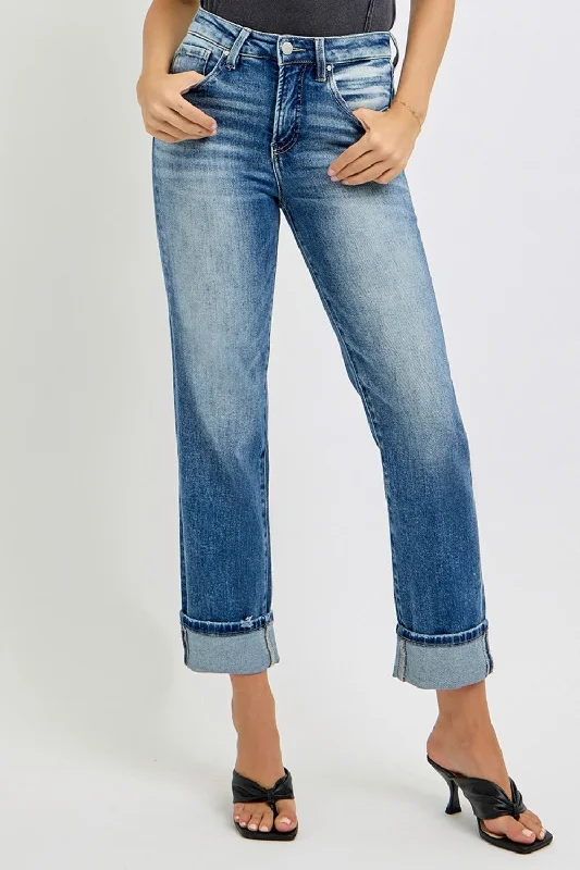 RISEN Full Size High Rise Crop Straight Roll Up Jeans Stylish High-Waist Jeans