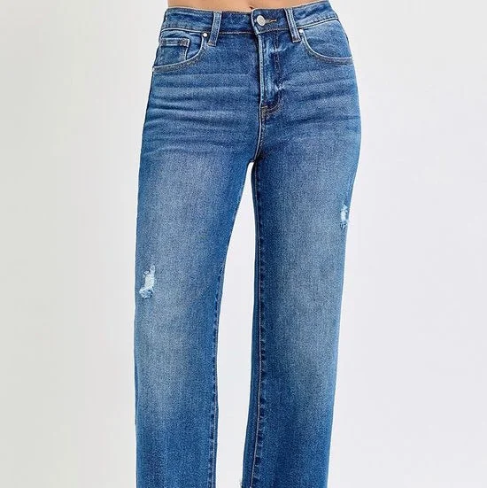 Risen High-Rise Medium Wash Cuffed Jeans Fashionable Raw Edge Jeans