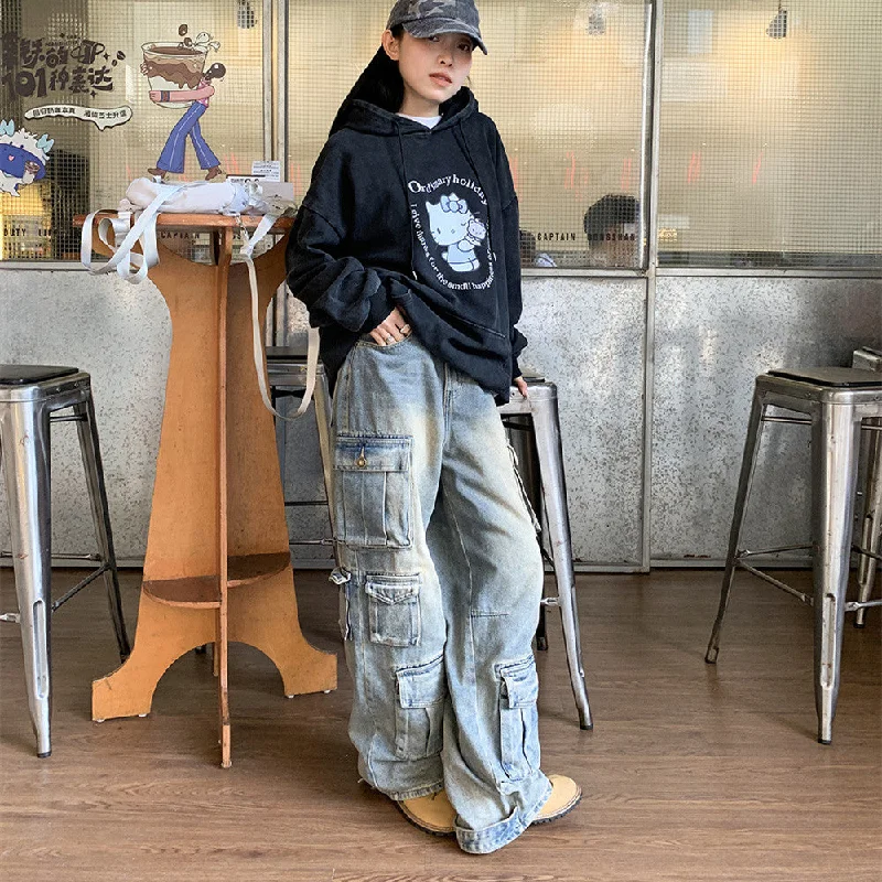 Street Work Design Jeans Pocket Stitching Wide-leg Pants Women Cozy Relaxed Fit Jeans Street Work Design Jeans Pocket Stitching Wide-leg Pants Women Cozy Relaxed Fit Jeans