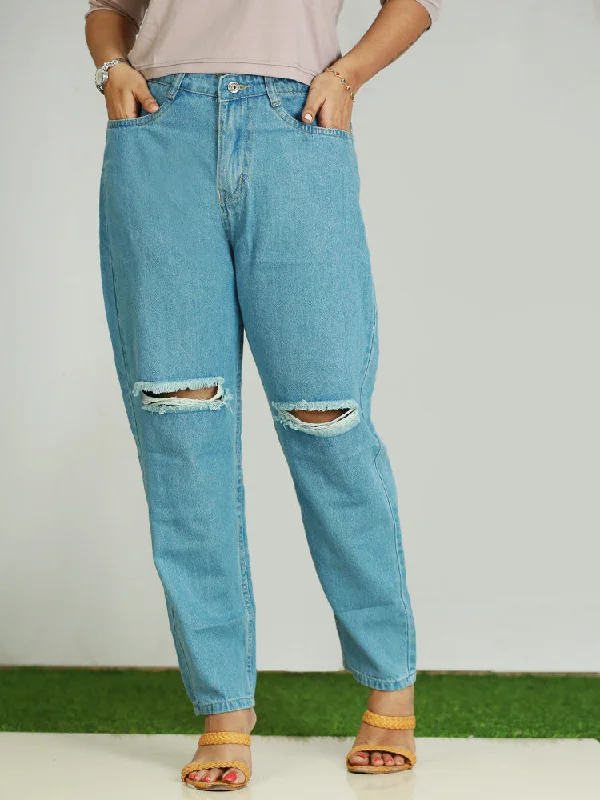 Women's Baggy Jeans - Denim with Patchwork Design - 499/- Casual Distressed Denim Jeans
