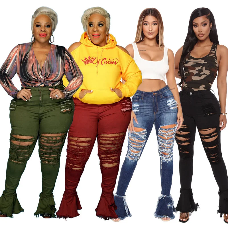 Street Fashion Trend Ripped Women's Jeans Comfortable Drawstring Waist Jeans