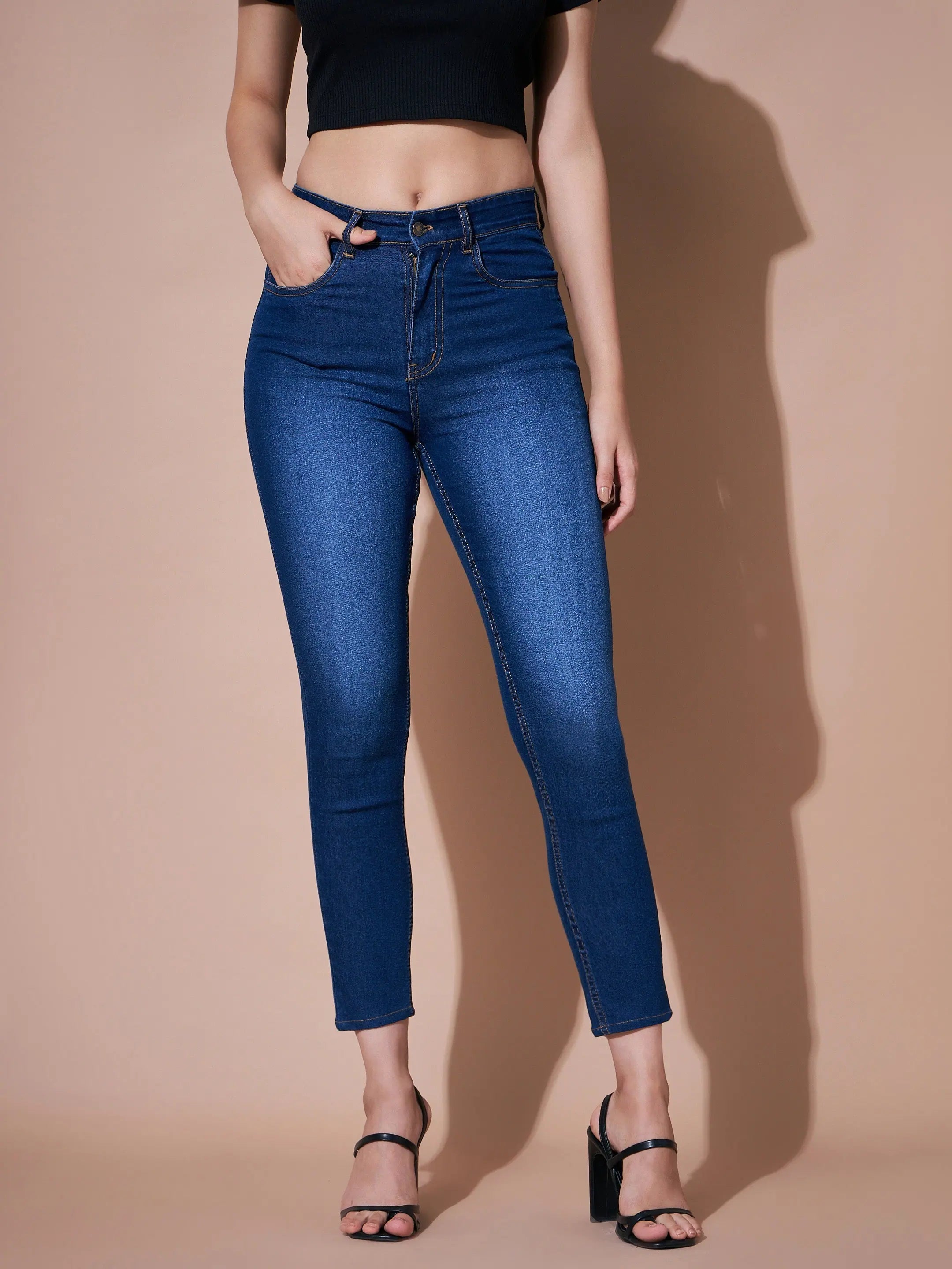 Women Navy Denim Premium Relax Jeans Classic Button Fly Jeans