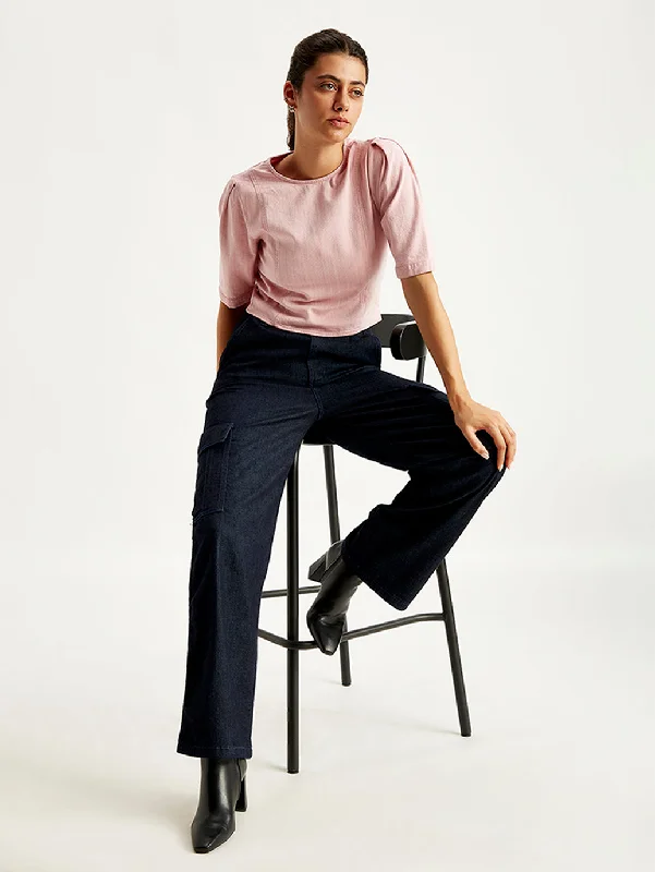 Women's High Rise Baggy Fit Navy Cargo Jeans Trendy Colored Denim Jeans
