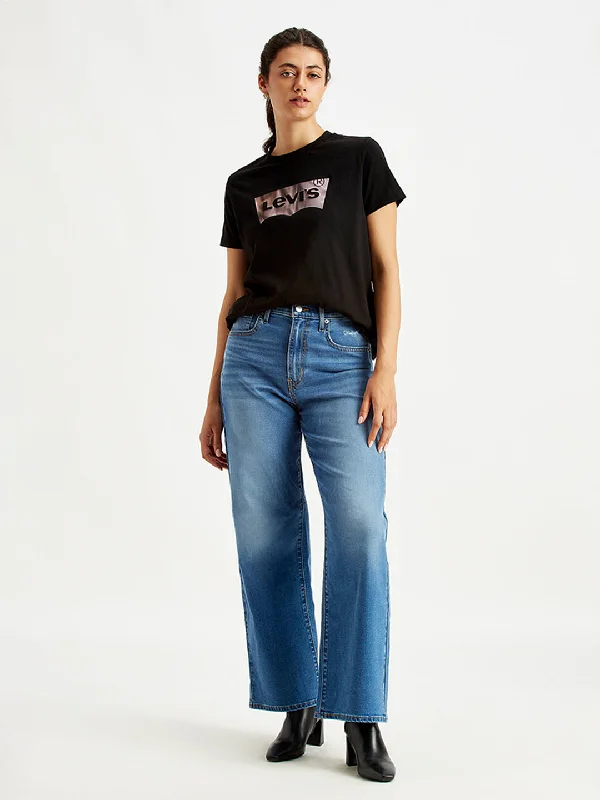 Women's High Rise Wide Leg Blue Jeans Fashionable Raw Hem Bootcut Jeans