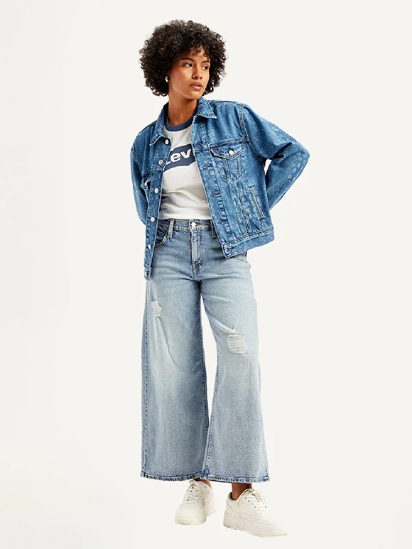 Women's Mid Rise 94 Baggy Wide Leg Blue Jeans Stylish Stone-Wash Denim Jeans