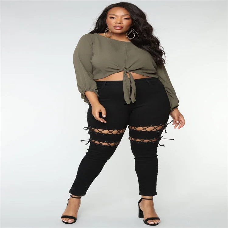 Women's Plus Size Fashion Eyelet Strap Jeans Trendy Skinny Fit Jeans